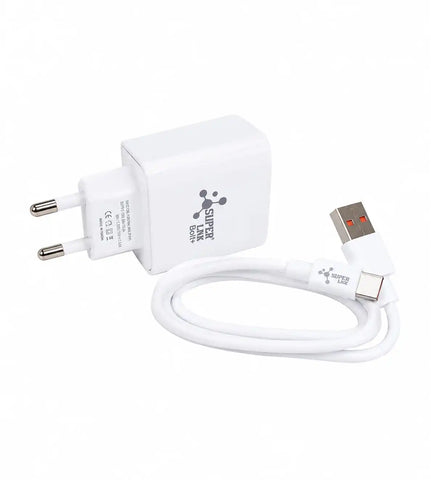 White SURFEX 6W USB-C fast charger with two-pin plug and a matching USB-C to USB-C cable