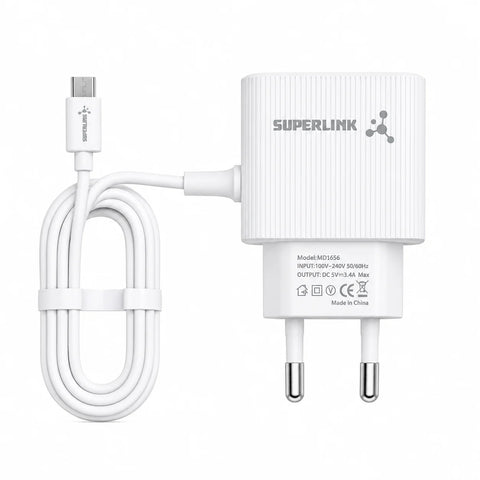 SUPERLINK USB-C fast charger adapter with a coiled cable and European plug 