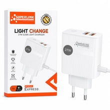 Superlink 27W 2USB light change charger shown next to its retail packaging box 