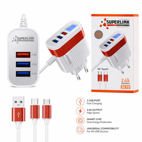 Superlink 3-in-1 USB charger adapter with three USB ports, shown its retail packaging box and two USB-C charging cables