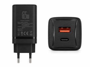 Black 65W power wall charger shown from two angles: the back side with EU plug and printed specifications, and the front side showing a USB-C port with a red interior.