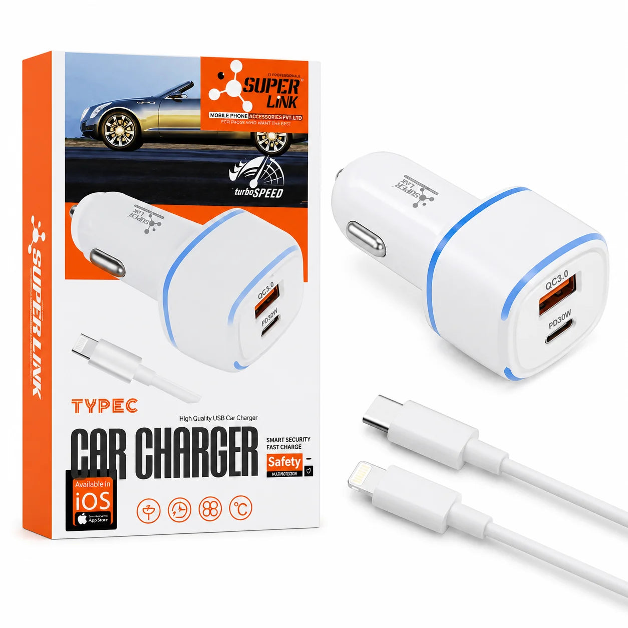 White Super Link Type-C car charger included USB-C cable shown next to its retail packaging box