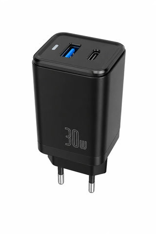 A black 30W dual-port USB charger plug adapter with a European two-pin plug, featuring one USB-A port with a blue accent and one USB-C port