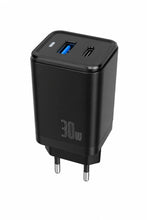 A black 30W dual-port USB charger plug adapter with a European two-pin plug, featuring one USB-A port with a blue accent and one USB-C port