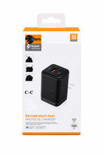 A 30W Mars C-C 3-in-1 PD+USB+USB-C fast charger in its original retail packaging, featuring a white box with orange accents and a graphic of the black charger.