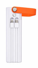 A white foldable power bank with an orange wrist strap and silver metal connector