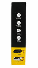 A tall rectangular product box white printed icons and text highlighting features such as long battery life, charging safety, high quality, and small volume.