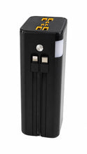 A black rectangular portable power bank with multiple USB-C ports on top, two USB-C ports on the front
