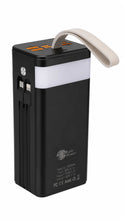 A black portable power bank with a white LED light strip, orange USB-A ports, and a beige carrying strap