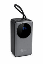 A black and dark gray portable power bank with a circular digital display