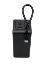 A black rectangular portable power bank with a built-in loop cable, featuring a USB-C port