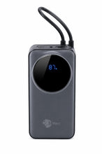 A dark gray rectangular portable power bank with a circular black display