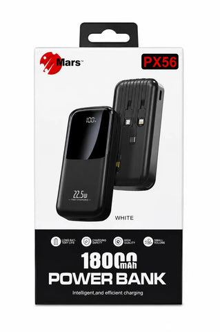 Mars PX56 1800mAh power bank in white packaging, showing the black portable power bank and its charging port