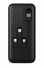 Black multi-port USB charger with built-in cables, showing the back side with USB-C, Lightning, and USB-A ports