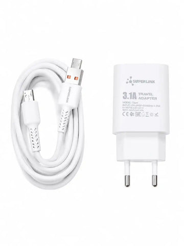 White Superlink 3.1A travel adapter charger next to a matching coiled white USB-C to USB-C cable