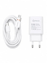White Superlink 3.1A travel adapter charger next to a matching coiled white USB-C to USB-C cable