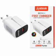 A white and black Superlink 3.0 USB Power Delivery fast charger shown next to its retail packaging box