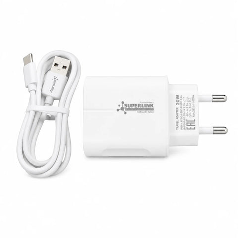 White Superlink 20W USB-C wall charger adapter with a coiled USB-C cable